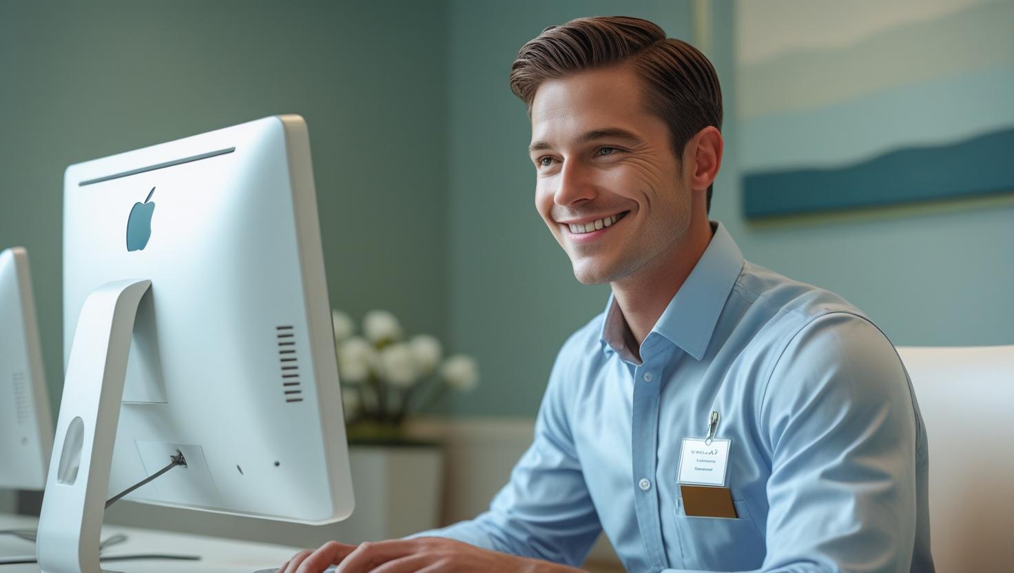 trabajador de una clinica sonriendo a una pantalla de ordenador